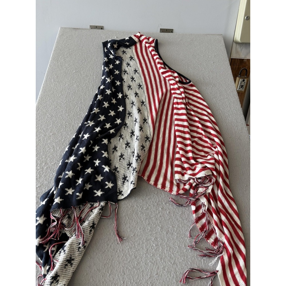 One World Sweater Cape Womens 2X Multicolor American Flag Fringe Patriotic USA